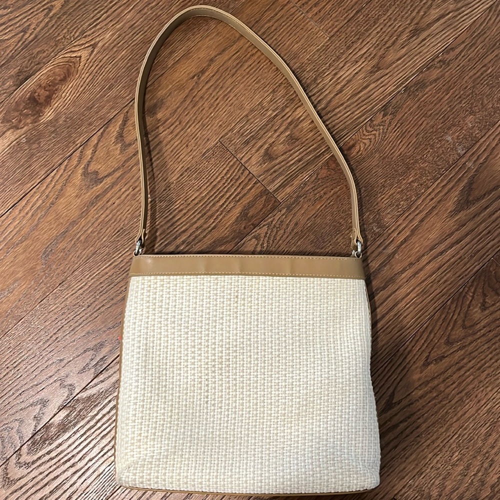 Fossil cream woven and leather trim shoulder bag